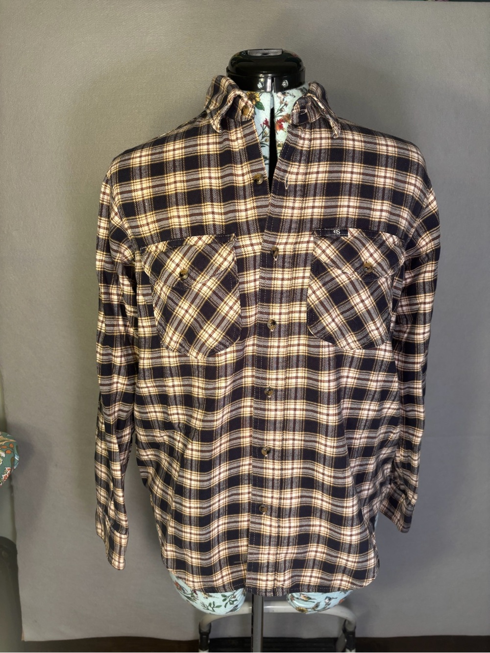 Vintage Edwin Sports Black and Cream Plaid Button-Up Flannel Shirt
